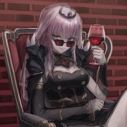 Rule 34 | 1girl, absurdres, alcohol, breasts, cleavage, close-up, cup, drinking glass, highres, holding, holding cup, hololive, hololive english, looking over eyewear, looking over glasses, looking to the side, medium breasts, mori calliope, pink eyes, pink hair, red-tinted eyewear, red-tinted glasses, sitting, solo, sunglasses, suru (suru65698422), tinted eyewear, virtual youtuber, wine, wine glass