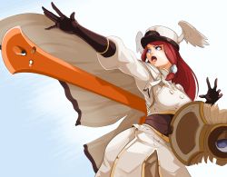 Rule 34 | 1girl, arc system works, blazblue, blue eyes, cape, gloves, hair tubes, hat, highres, long hair, lord jaywalk, open mouth, pants, red hair, shield, solo, sword, tsubaki yayoi, uniform, weapon