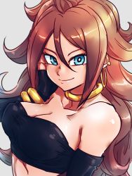 Rule 34 | 1girl, android 21, arm at side, bandeau, bare shoulders, black gloves, black tank top, blue eyes, bracelet, breasts, brown hair, cleavage, close-up, cosplay, dragon ball, dragon ball fighterz, earrings, elbow gloves, eyelashes, gloves, grey background, hair between eyes, hand in own hair, hoop earrings, jewelry, kemachiku, large breasts, long hair, looking at viewer, majin android 21, majin android 21 (cosplay), necklace, simple background, smile, solo, spiked hair, tank top, upper body
