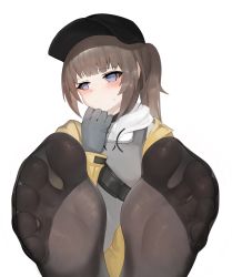 Rule 34 | 1girl, bad id, bad pixiv id, baseball cap, black hat, blue eyes, blush, brown hair, dier (girls&#039; frontline), dima (girls&#039; frontline), dokomon, feet, foot focus, girls&#039; frontline, gloves, grey gloves, hat, highres, long hair, long sleeves, no shoes, pantyhose, simple background, soles, solo, toes, tom clancy&#039;s the division, white background