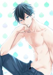 Rule 34 | 1boy, 961 masashi, black hair, blue eyes, closed mouth, given, hands on own face, male focus, open fly, pants, simple background, solo, topless male, uenoyama ritsuka, white background