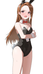 Rule 34 | 1girl, :o, absurdres, animal ears, black leotard, blush, bow, bowtie, breasts, brown hair, cleavage, crossed arms, detached collar, highres, idolmaster, idolmaster (classic), idolmaster million live!, leotard, long hair, looking at viewer, minase iori, pdal (pdalhhh), playboy bunny, rabbit ears, rabbit tail, red bow, red bowtie, simple background, small breasts, solo, sweatdrop, tail, v-shaped eyebrows, white background, wrist cuffs
