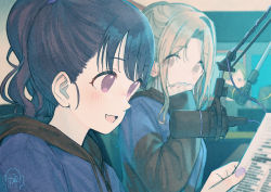 Rule 34 | 2girls, black hair, blurry, blurry background, brown hair, close-up, commentary request, depth of field, fangs, fukumaru koito, high ponytail, highres, holding, holding paper, hood, hoodie, ichikawa hinana, idolmaster, idolmaster shiny colors, microphone, multiple girls, nail polish, open mouth, paayan (hagakinorock54), paper, purple eyes, purple nails, skin fangs, swept bangs, upper body