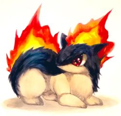 Rule 34 | animal focus, creatures (company), fire, full body, game freak, gen 2 pokemon, marker (medium), mofuo, nintendo, no humans, no mouth, pokemon, pokemon (creature), quilava, red eyes, simple background, solo, traditional media, white background