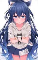Rule 34 | 1girl, absurdres, bangle, blue bow, blue eyes, blue hair, blue skirt, blush, bow, bracelet, commentary request, cowboy shot, drawstring, gradient background, grey background, grey hoodie, hair between eyes, hair bow, highres, holding, hood, hoodie, jewelry, komomo (ptkrx), long hair, looking at viewer, miniskirt, short sleeves, skirt, solo, stuffed animal, stuffed cat, stuffed toy, touhou, very long hair, white background, yorigami shion