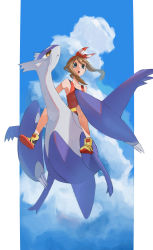 Rule 34 | 1girl, :o, absurdres, belt, blue eyes, bow hairband, brown hair, claws, cloud, commentary request, creatures (company), day, from below, game freak, gen 3 pokemon, hairband, highres, horezai, latias, legendary pokemon, may (pokemon), medium hair, mega latias, mega pokemon, nintendo, outdoors, pillarboxed, pokemon, pokemon (creature), pokemon oras, riding, riding pokemon, shirt, shoes, sky, sleeveless, sleeveless shirt, yellow footwear