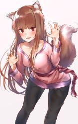 Rule 34 | 1girl, animal ear fluff, animal ears, black legwear, breasts, brown hair, collarbone, commentary request, hechi (hechi322), highres, holo, long hair, long sleeves, looking at viewer, medium breasts, pants, paw pose, red eyes, simple background, smile, solo, spice and wolf, tail, white background, wolf ears, wolf tail