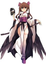 Rule 34 | 1girl, black wings, breasts, brown hair, forest, full body, geta, hair between eyes, hair ribbon, hat, himekaidou hatate, holding, holding mask, kamukamu (ars), katana, kourindou tengu costume, long sleeves, looking at viewer, low wings, mask, nature, obi, pelvic curtain, pointy ears, pom pom (clothes), ribbon, sash, sheath, sheathed, shiny clothes, shiny skin, simple background, skindentation, small breasts, smile, solo, sword, tengu-geta, tengu mask, thighhighs, thighs, tokin hat, touhou, twintails, weapon, white background, white thighhighs, wide sleeves, wings