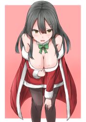 Rule 34 | 1girl, absurdres, black hair, black pantyhose, bow, bowtie, breasts, brown eyes, cleavage, commentary request, detached collar, dress, feet out of frame, fur-trimmed dress, fur trim, green bow, green bowtie, hair ornament, hairclip, highres, kamaboko senshi, kantai collection, large breasts, long hair, off-shoulder dress, off shoulder, official alternate costume, oyashio (kancolle), pantyhose, red dress, solo