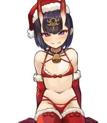 Rule 34 | 1girl, absurdres, bell, bikini, blush, bob cut, breasts, choker, christmas, closed mouth, collarbone, elbow gloves, eyeliner, fangs, fate/grand order, fate (series), fur-trimmed bikini, fur-trimmed gloves, fur-trimmed legwear, fur trim, gloves, hat, headpiece, highres, horns, looking at viewer, makeup, multi-strapped bikini, navel, neck bell, oni, purple eyes, purple hair, red bikini, red gloves, red hat, red thighhighs, santa bikini, santa hat, short eyebrows, short hair, shuten douji (fate), simple background, sitting, skin-covered horns, small breasts, smile, solo, sookmo, swimsuit, thighhighs, wariza, white background