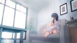 Rule 34 | 1girl, bare legs, barefoot, black hair, black panties, coffee table, couch, curtains, drawer, dress shirt, hibike! euphonium, highres, indoors, knees up, living room, liz to aoi tori, looking outside, painting (object), panties, pantyshot, picture frame, piroaki, plant, potted plant, purple eyes, shirt, sitting, solo, table, underwear, white shirt, window, yoroizuka mizore
