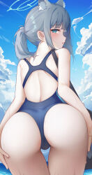 Rule 34 | 1girl, animal ear fluff, animal ears, ass, ass focus, back, back cutout, bag, blue archive, blue eyes, blue one-piece swimsuit, blue sky, clothing cutout, cloud, day, from behind, halo, highres, hongshi (13234456009), leaning forward, looking back, medium hair, one-piece swimsuit, outdoors, parted lips, ponytail, shiroko (blue archive), shiroko (swimsuit) (blue archive), shoulder bag, sky, solo, swimsuit, thigh gap, wet, wolf ears