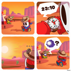 Rule 34 | 2boys, 4koma, ?, cactus, comic, day, dessert, elcajarito, exploring shy guy, eye contact, food, hat, kerchief, looking at another, looking at sky, looking at watch, mario (series), mario kart, mario kart 8, mario kart 8 deluxe, moon, multiple boys, nintendo, rock, shy gal, shy guy, sitting, sky, standing, sun, sunset, thighhighs, watch, wristwatch, zettai ryouiki