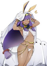 Rule 34 | &lt;o&gt; &lt;o&gt;, 1girl, :d, absurdres, animal ears, armpits, arms up, big hair, bikini, blanket, blunt bangs, blush, breasts, breasts apart, commentary request, covered erect nipples, dark-skinned female, dark skin, earrings, facial mark, fate/grand order, fate (series), flanvia, hairband, highres, hoop earrings, jackal ears, jewelry, long hair, looking at viewer, medium breasts, medjed (fate), navel, nitocris (fate), nitocris (fate/grand order), nitocris (swimsuit assassin) (fate), no bra, open mouth, purple eyes, purple hair, sidelocks, simple background, smile, solo focus, standing, stomach, swimsuit, thighs, two-tone hairband, under covers, very long hair, white background, white bikini