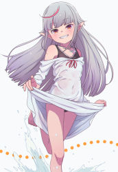 Rule 34 | 1girl, absurdres, ahoge, barefoot, black panties, blush, brown eyes, clothes lift, commentary, dress, dress lift, dyed ahoge, foot out of frame, grey hair, highres, jewelry, long hair, looking at viewer, makaino ririmu, multicolored hair, navel, necklace, nijisanji, off-shoulder dress, off shoulder, panties, pointy ears, red hair, sabamen, see-through, simple background, skirt hold, smile, solo, splashing, standing, standing on one leg, streaked hair, teeth, underwear, virtual youtuber, wading, water, wet, wet clothes, wet dress, white background, white dress