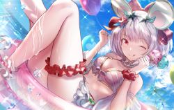 Rule 34 | 1girl, ;q, animal ears, balloon, bare shoulders, bikini, bikini skirt, blush, boba, bow, bridal garter, closed mouth, commentary request, day, double scoop, dutch angle, food, frills, granblue fantasy, hair bow, hands up, highres, holding, holding food, horizon, ice cream, innertube, knee up, looking at viewer, mouse ears, ocean, off shoulder, one eye closed, open clothes, outdoors, red bow, red eyes, red scrunchie, scrunchie, silver hair, smile, solo, sparkle, star-shaped eyewear, star (symbol), striped bikini, striped clothes, swim ring, swimsuit, thigh scrunchie, tongue, tongue out, vikala (blooming summer wallflower) (granblue fantasy), vikala (granblue fantasy), water, wet, wrist scrunchie