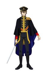 Rule 34 | 1boy, aiguillette, black cape, black footwear, black hat, black jacket, black pants, blue eyes, boots, brown hair, cape, closed mouth, epaulettes, full body, hair between eyes, hat, highres, holding, jacket, king of prism, long sleeves, looking at viewer, male focus, norizuki jin, official art, pants, peaked cap, pretty rhythm, pretty series, second-party source, short hair, simple background, single epaulette, smile, solo, standing, tachi-e, transparent background