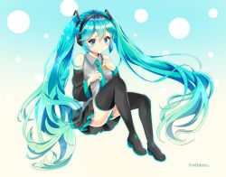 Rule 34 | 1girl, absurdres, aqua hair, artist name, blue background, blue eyes, blush, boots, detached sleeves, full body, gradient background, hatsune miku, headphones, highres, long hair, nakatsu kon, necktie, sitting, skirt, solo, thigh boots, thighhighs, twintails, very long hair, vocaloid, white background