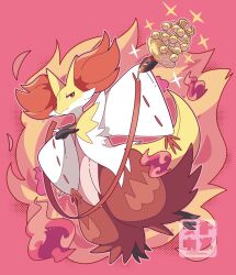Rule 34 | 1other, animal ear fluff, brown fur, creatures (company), delphox, fox, furry, game freak, gen 6 pokemon, highres, holding, jacket, nintendo, pokemon, pokemon (creature), red background, red fur, red theme, solo, sutokame, white jacket, wide sleeves, yellow fur