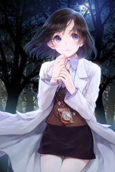 Rule 34 | 1girl, arms up, black eyes, black hair, clenched hand, dress shirt, hakou (barasensou), jewelry, lab coat, lowres, miniskirt, moon, necklace, night, open mouth, ophelia (sword girls), outdoors, parted bangs, pencil skirt, scientist, shirt, short hair, skirt, solo, sword girls, visitor ophelia