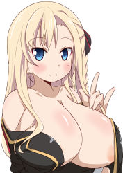 Rule 34 | 10s, 1girl, areola slip, bad id, bad pixiv id, bare shoulders, blonde hair, blue eyes, blush, braid, breasts, cleavage, high school fleet, highres, huge breasts, long hair, looking at viewer, m/, naruse mai, no bra, simple background, smile, solo, upper body, white background, wilhelmina braunschweig ingenohl friedeburg