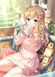 Rule 34 | 1girl, aran sweater, bare shoulders, barefoot, bekkourico, bench, blonde hair, blue eyes, blush, cable knit, closed mouth, cup, dated, day, dress, flower, hair between eyes, hair flower, hair ornament, holding, holding cup, idolmaster, idolmaster cinderella girls, long hair, long sleeves, looking at viewer, mug, naked sweater, off-shoulder sweater, off shoulder, ohtsuki yui, outdoors, pillow, pink sweater, plant, potted plant, ribbed sweater, sitting, smile, solo, sweater, sweater dress, window, wooden floor