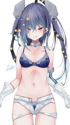 Rule 34 | 1girl, :q, absurdres, asymmetrical hair, blue bra, blue hair, blue panties, blush, bra, breasts, elbow gloves, gloves, gradient hair, haggy, hair between eyes, hair ornament, hair ribbon, headgear, highres, kantai collection, long hair, looking at viewer, mini wings, multicolored hair, multiple views, open clothes, open shorts, panties, panty peek, purple eyes, purple hair, ribbon, scamp (kancolle), short shorts, shorts, simple background, single elbow glove, solo, star (symbol), star hair ornament, tongue, tongue out, two side up, underwear, white background, white gloves, white shorts, wings