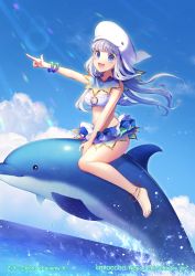 Rule 34 | 1girl, :d, animal, animal hat, anklet, bare arms, bare legs, bare shoulders, barefoot, bikini, bikini skirt, blue eyes, blue nails, blue sky, bracelet, breasts, cloud, commentary request, copyright name, day, dolphin, dutch angle, feet, fish, floating hair, hat, horizon, jewelry, long hair, looking at viewer, medium breasts, momoshiki tsubaki, nail polish, ocean, official art, open mouth, outdoors, outstretched hand, pointing, riding, sidelocks, silver hair, sky, smile, solo, stomach, swimsuit, thighs, toes, water, watermark, whale hat, white bikini, z/x