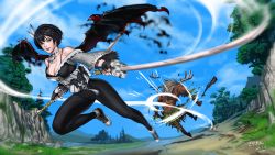 Rule 34 | 1boy, 1girl, amputation, antlers, bad id, bad pixiv id, bare shoulders, battle, bigchanceman, black footwear, black gloves, black hair, black legwear, black wings, blue sky, breasts, choker, cleavage, club (weapon), commission, copyright request, dated, day, feather hair ornament, feathers, fingerless gloves, gloves, hair ornament, highres, horns, medium breasts, mole, mole under eye, outdoors, shoes, short hair, sky, slashing, sneakers, solo focus, sword, tree, weapon, wings