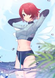 Rule 34 | 1girl, absurdres, arknights, arms up, bikini, bikini bottom only, blue bikini, blue sky, blurry, blurry foreground, breasts, closed mouth, commentary request, crop top, day, depth of field, detached wings, exusiai (arknights), from side, halo, highres, long sleeves, looking at viewer, looking to the side, medium breasts, navel, outdoors, red eyes, red hair, short hair, sky, smile, solo, standing, stomach, swimsuit, wading, water, water drop, wings, yamijam