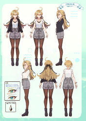Rule 34 | 1girl, ahoge, ankle boots, black footwear, black jacket, blonde hair, boots, breasts, closed mouth, collarbone, commentary request, concept art, earrings, full body, gradient background, high-waist shorts, highres, jacket, jewelry, kamina kohane, long hair, long sleeves, looking at viewer, mashuu (neko no oyashiro), model sheet, multiple views, open clothes, open jacket, palette project, pantyhose, short sleeves, shorts, simple background, turnaround, virtual youtuber