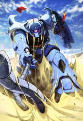 Rule 34 | absurdres, anime coloring, blue sky, bullet hole, charging forward, cloud, day, debris, desert, foreshortening, glowing, glowing eyes, gouf, gundam, highres, horns, kotobuki tsukasa, looking at viewer, mecha, mobile suit, mobile suit gundam, no humans, official art, one-eyed, outdoors, purple eyes, robot, sand, sand dune, scan, science fiction, shoulder spikes, single horn, sky, solo, spikes, weapon, whip
