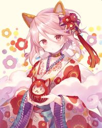 Rule 34 | 1girl, :o, animal ears, bow, choker, cloud, commentary request, daruma doll, dog boy, dog ears, floral print, flower, hair between eyes, hair bow, hair flower, hair ornament, head tilt, holding, ibara riato, japanese clothes, kimono, long hair, long sleeves, looking at viewer, male focus, original, parted lips, pink hair, print kimono, purple bow, red eyes, red flower, solo, upper body, white kimono, wide sleeves, yellow bow
