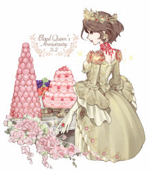 Rule 34 | 1girl, anniversary, bad id, bad pixiv id, brown hair, cake, character name, dated, dress, earrings, elbow gloves, flower, food, fruit, gloves, grapes, identity v, jewelry, kouri (kyorosuukeeeeeee), macaron, mary (identity v), ring, short hair, solo, standing, white background, white gloves