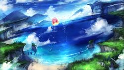 Rule 34 | absurdres, beach, cliff, cloud, commentary request, day, flying, from behind, highres, kirby, kirby (series), mountainous horizon, nintendo, ocean, outdoors, palm tree, shiburingaru, solo, speed lines, tree, warp star, water, wide shot