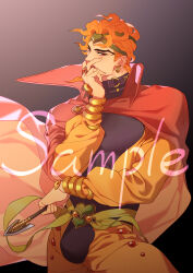 Rule 34 | 1boy, absurdres, arrow (jojo), arrow (projectile), black leotard, blonde hair, cape, crotchless, crotchless pants, dio brando, earrings, fangs, hand on own face, headband, heart, highres, holding, holding arrow, huang lia, jacket, jewelry, jojo no kimyou na bouken, leotard, long hair, long sleeves, looking at viewer, male focus, muscular, muscular male, pants, red eyes, ring, snake, solo, stardust crusaders, vampire, yellow jacket, yellow pants