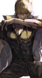 Rule 34 | 1boy, alternate costume, arm out of sleeve, arm up, bishounen, black pants, black shirt, blonde hair, blood, blood on arm, blood on face, blood on hands, coat, expressionless, high collar, highres, invisible chair, jack atlas, jewelry, knee up, male focus, muscular, muscular male, naoki (2rzmcaizerails6), necklace, pants, pectorals, purple eyes, shirt, short hair with long locks, simple background, sitting, skin tight, solo, spiked hair, upper body, v-neck, white background, white coat, yu-gi-oh!, yu-gi-oh! 5d&#039;s