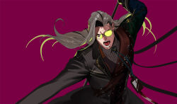 Rule 34 | 1boy, black coat, coat, fangs, glasses, grey hair, highres, holding, holding polearm, holding weapon, holostars, holostars english, long hair, male focus, noir vesper, noir vesper (1st costume), opaque glasses, open mouth, pako (pakosun), partially opaque glasses, pointy ears, polearm, purple background, purple eyes, shirt, striped clothes, striped shirt, virtual youtuber, weapon