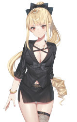 Rule 34 | 1girl, arm behind back, belt, belt buckle, black bow, black jacket, black skirt, black thighhighs, blunt bangs, blush, bow, bracelet, breasts, buckle, cleavage, closed mouth, collarbone, cowboy shot, hair bow, high ponytail, highres, jacket, jewelry, large breasts, long hair, long sleeves, looking at viewer, miniskirt, navel, original, oshage (osyage921), ponytail, red eyes, side slit, simple background, single thighhigh, skindentation, skirt, solo, thigh gap, thighhighs, thighs, v-shaped eyebrows, very long hair, white background