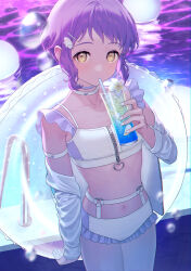 Rule 34 | 1girl, absurdres, alternate costume, bikini, blush, collarbone, commentary, cup, drinking, flat chest, frilled bikini, frills, highres, holding, holding cup, idolmaster, idolmaster million live!, innertube, jacket, jacket partially removed, looking at viewer, makabe mizuki, mimizubare, navel, pool, pool ladder, poolside, purple hair, ribs, short hair, sidelocks, solo, swim ring, swimsuit, symbol-only commentary, white jacket, yellow eyes, zipper pull tab
