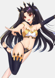 Rule 34 | 1girl, absurdres, armlet, asymmetrical legwear, asymmetrical sleeves, bad id, bad pixiv id, bare shoulders, bikini, black hair, breasts, bridal gauntlets, catnnn, commentary request, crown, earrings, elbow gloves, fate/grand order, fate (series), feet, gloves, grey background, hair ribbon, happy, head tilt, highres, hoop earrings, ishtar (fate), jewelry, large breasts, long hair, looking at viewer, medium breasts, midriff, navel, neck, neck ring, open mouth, outstretched arms, parted bangs, red eyes, revealing clothes, ribbon, simple background, single elbow glove, single thighhigh, smile, solo, standing, strapless, strapless bikini, swimsuit, thighhighs, toeless legwear, two side up, uneven legwear, uneven sleeves