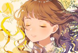 Rule 34 | 1girl, brown hair, closed eyes, collared shirt, floral background, floral print, long hair, looking at viewer, myusha, orange background, original, parted lips, portrait, ribbon, shirt, smile, solo, wavy hair, yellow ribbon, yellow theme
