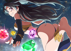 Rule 34 | 1girl, armlet, ass, bare shoulders, barefoot, bikini, black hair, breasts, crystal, earrings, fate/grand order, fate (series), feet, gem, grin, hair ornament, ishtar (fate), jewelry, long hair, looking at viewer, looking back, panties, red eyes, route1911, sideboob, single thighhigh, smile, solo, swimsuit, thighhighs, tohsaka rin, twintails, two side up, underwear