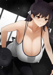 Rule 34 | 1girl, absurdres, all fours, amemuchizakuro, animal ears, armpits, atago (azur lane), azur lane, bare shoulders, black hair, breasts, cleavage, collarbone, concentrating, exercising, flying sweatdrops, hair ribbon, highres, huge breasts, indoors, looking ahead, orange eyes, ribbon, sweat, sweat stain, sweaty clothes, tank top, weightlifting, weights, white tank top, window, wrist cuffs