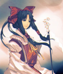 Rule 34 | 1girl, adapted costume, alternate hairstyle, black eyes, black hair, bow, gradient background, hair bow, hair tubes, hair up, hakurei reimu, highres, japanese clothes, lips, long hair, long sleeves, looking away, miko, parted lips, puffy long sleeves, puffy sleeves, solo, tian (my dear), touhou, wide sleeves