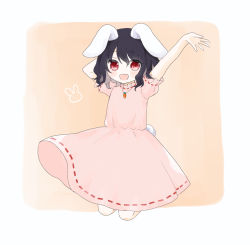 Rule 34 | 1girl, animal, animal ears, arms behind back, arms up, black hair, blush, border, carrot necklace, closed mouth, dress, eyes visible through hair, hair between eyes, hands up, highres, inaba tewi, jewelry, jumping, looking to the side, necklace, open mouth, orange background, pink dress, pink sleeves, puffy short sleeves, puffy sleeves, rabbit, rabbit ears, rabbit tail, red eyes, short hair, short sleeves, simple background, smile, solo, tail, touhou, umi (nana spring), white border