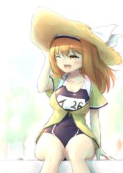 Rule 34 | 10s, 1girl, blazer, brown eyes, brown hair, clothes writing, hairband, hat, i-26 (kancolle), jacket, kantai collection, light brown hair, long hair, new school swimsuit, one-piece swimsuit, one eye closed, open mouth, sailor collar, school swimsuit, sitting, solo, straw hat, sun hat, swimsuit, swimsuit under clothes, twintails, two-tone hairband, two side up, wamu (chartreuse), zipper