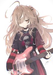 Rule 34 | 1girl, absurdres, ahoge, black skirt, black sweater, brown eyes, brown hair, choker, electric guitar, emo fashion, guitar, hair over one eye, heart, heart choker, highres, holding, holding guitar, holding instrument, holding plectrum, hololive, hololive english, huge ahoge, instrument, komuff, lace-trimmed choker, lace trim, long hair, looking at viewer, multicolored hair, nanashi mumei, nanashi mumei (emo), nightmare (nanashi mumei), official alternate costume, one eye covered, one side up, plaid, plaid skirt, pleated skirt, plectrum, red sweater, shirt tucked in, skirt, smile, strap, streaked hair, striped clothes, striped sweater, sweater, sweater under shirt, thick eyebrows, torn clothes, torn sweater, two-tone sweater, very long hair, virtual youtuber