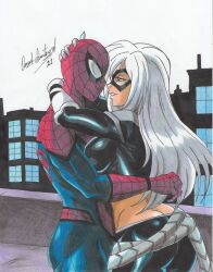 Rule 34 | 1boy, 1girl, 2021, arms around neck, ass, black bodysuit, black cat (marvel), blue bodysuit, blue eyes, bodysuit, breasts, building, butt crack, couple, domino mask, eye contact, felicia hardy, grin, highres, hug, large breasts, long hair, looking at another, marvel, mask, mask on head, masked, outdoors, peter parker, ravernclouk design, red bodysuit, smile, spider-man, spider-man (series), traditional media, two-tone bodysuit, white hair