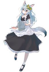 Rule 34 | 1girl, absurdres, animal ears, apron, black footwear, blue hair, bow, brown eyes, closed mouth, collarbone, dress, flower, frilled apron, frilled dress, frills, grey background, hair between eyes, hair flower, hair ornament, highres, holding, holding watering can, huge bow, kurobeko (kur0bek0), light blue hair, long hair, maid, original, simple background, smile, solo, tail, thighhighs, watering can, white bow, white thighhighs, yellow flower